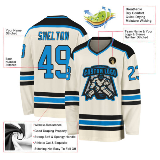Custom Black Cream Hockey Blue Jersey, Design A Hockey Jersey