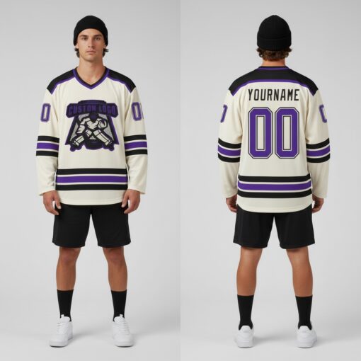 Custom Black Cream Hockey Purple Jersey, Personalized Hockey Jerseys