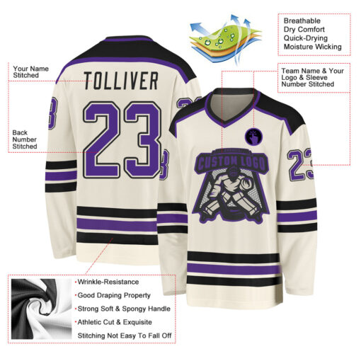 Custom Black Cream Hockey Purple Jersey, Personalized Hockey Jerseys
