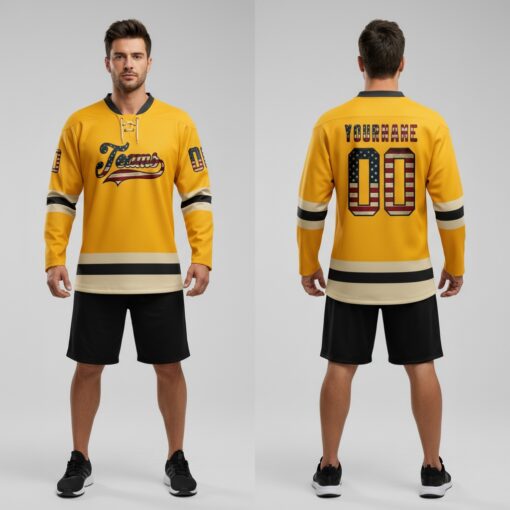 Custom Black Gold Front Logo Crossover Goalie Hockey Vintage Usa Flag Jersey, Custom Hockey Practice Jerseys