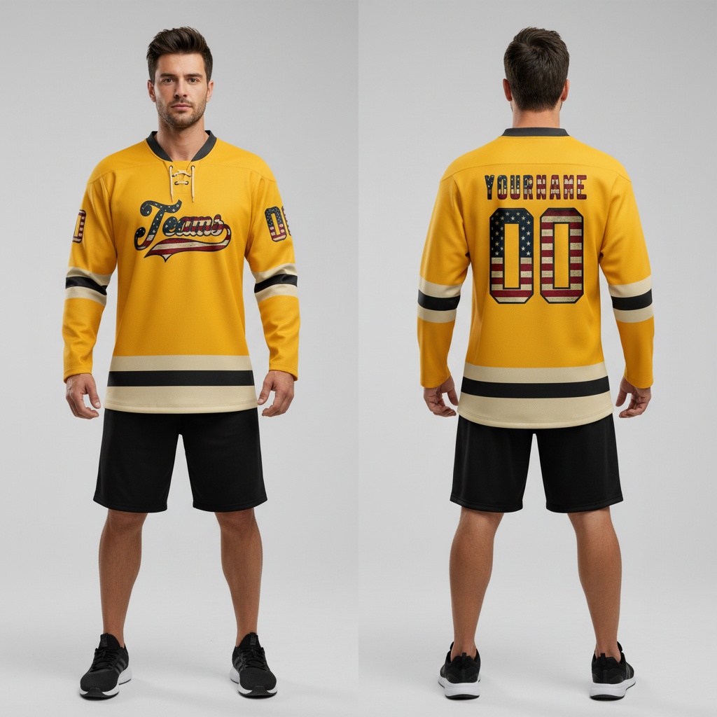 Custom Black Gold Front Logo Crossover Goalie Hockey Vintage Usa Flag Jersey, Custom Hockey Practice Jerseys