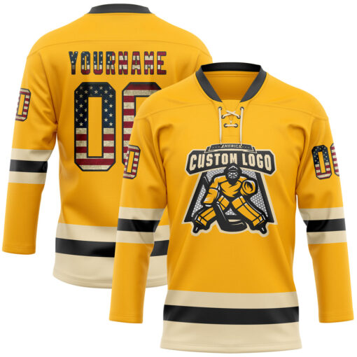 Custom Black Gold Front Logo Crossover Goalie Hockey Vintage Usa Flag Jersey, Custom Hockey Practice Jerseys