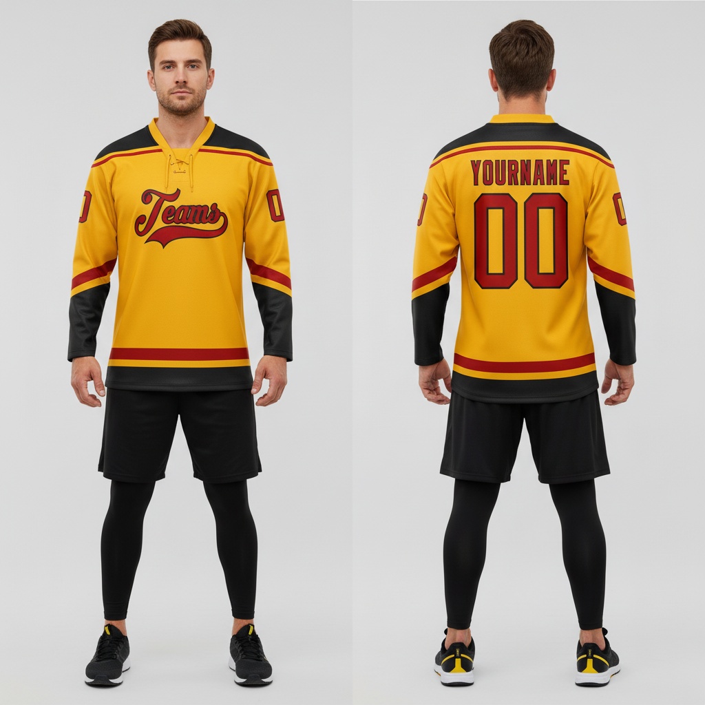 Custom Black Gold Hockey Red Jersey, Custom Team Hockey Jerseys
