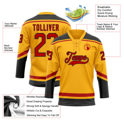 Custom Black Gold Hockey Red Jersey, Custom Team Hockey Jerseys