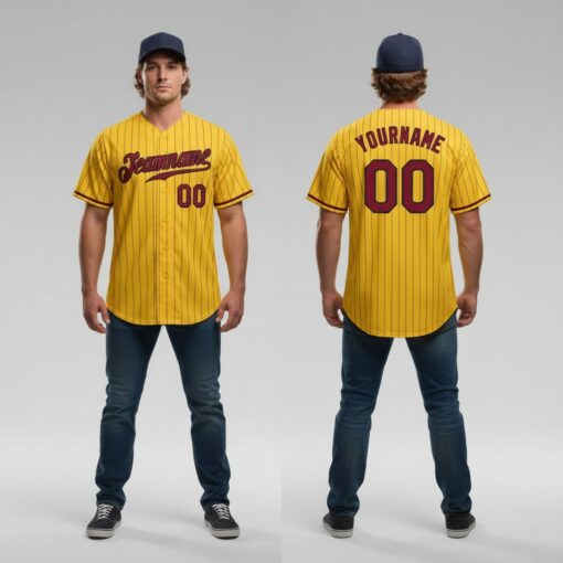 Custom Black Gold Pinstripe Baseball Crimson Jersey, Design A Baseball Jersey