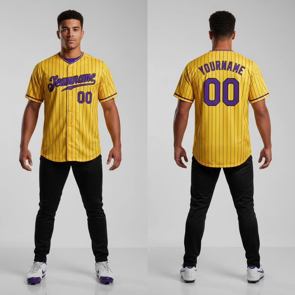 Custom Black Gold Pinstripe Baseball Purple Jersey, Cool Baseball Jersey Designs