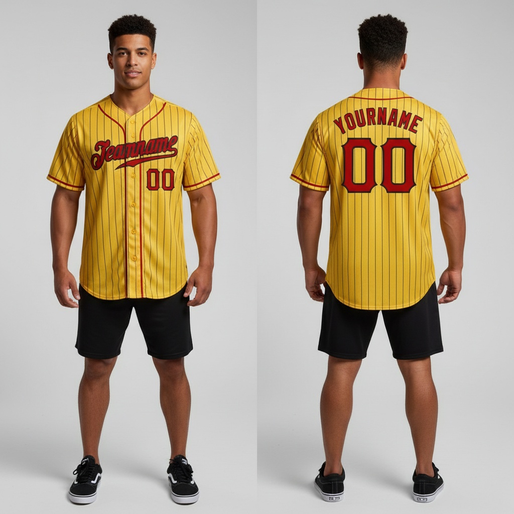 Custom Black Gold Pinstripe Baseball Red Jersey, Baseball Uniform Design