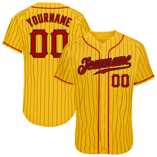 Custom Black Gold Pinstripe Baseball Red Jersey, Baseball Uniform Design