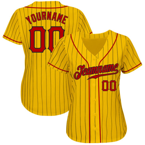 Custom Black Gold Pinstripe Baseball Red Jersey, Baseball Uniform Design