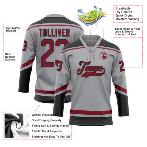 Custom Black Gray Hockey Crimson Jersey, Hockey Jersey Customization