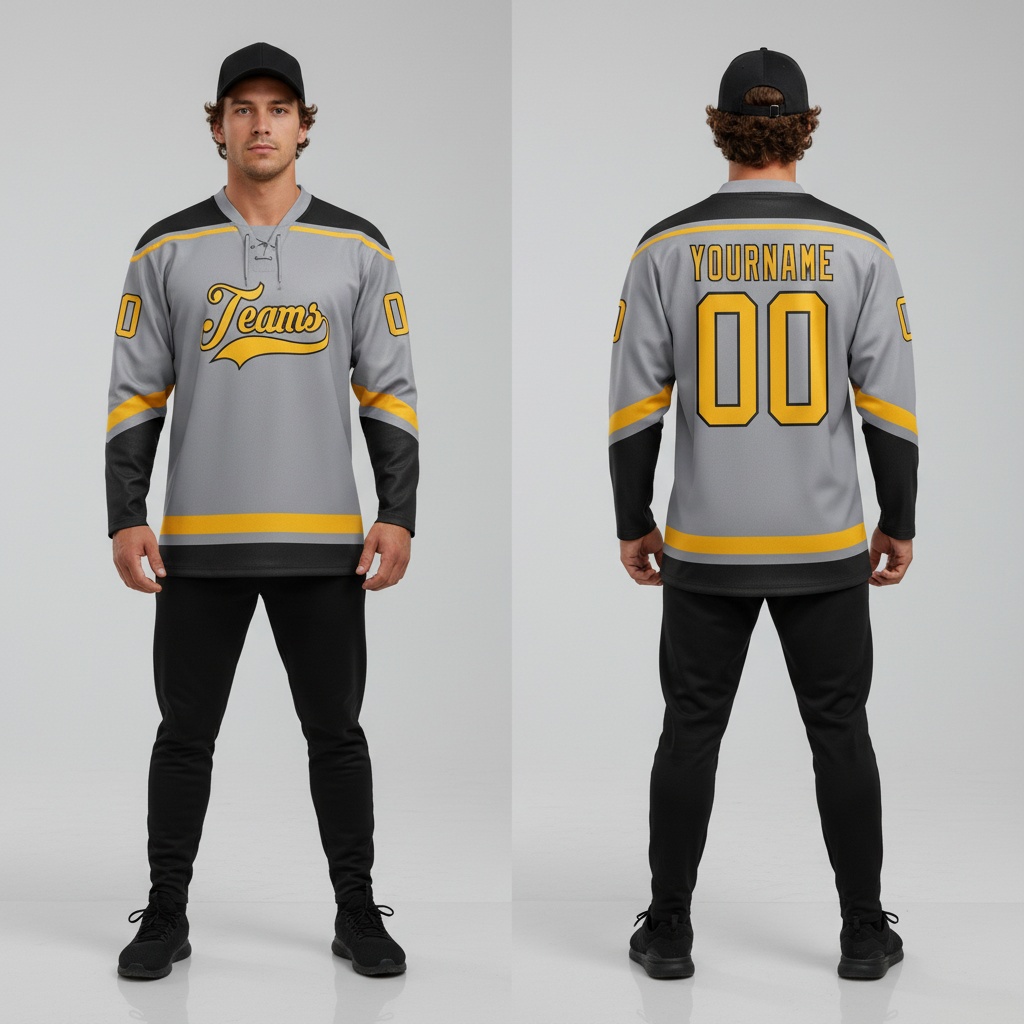 Custom Black Gray Hockey Gold Jersey, Custom Hockey Uniforms