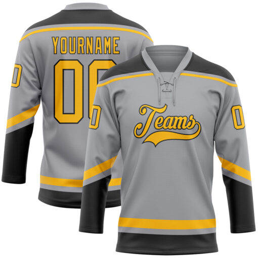 Custom Black Gray Hockey Gold Jersey, Custom Hockey Uniforms