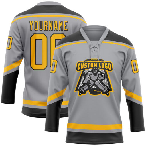 Custom Black Gray Hockey Gold Jersey, Custom Hockey Uniforms