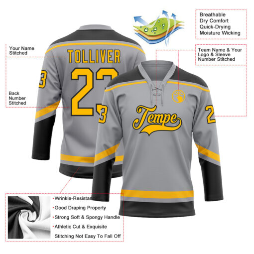 Custom Black Gray Hockey Gold Jersey, Custom Hockey Uniforms