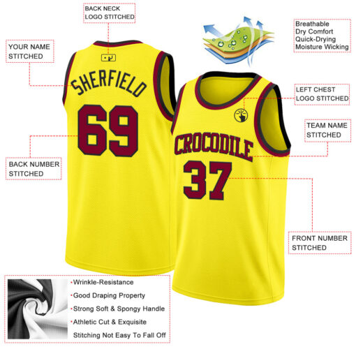Custom Black Light Yellow Yellow Basketball Maroon Jersey, Customize Basketball Uniforms