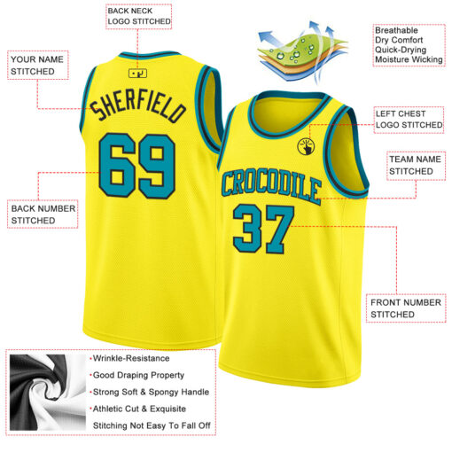 Custom Black Light Yellow Yellow Basketball Teal Jersey, Custom Team Basketball Uniforms