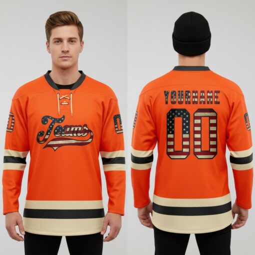Custom Black Orange Front Logo Crossover Goalie Hockey Vintage Usa Flag Jersey, Customize A Hockey Jersey