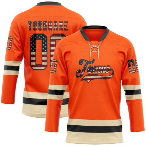 Custom Black Orange Front Logo Crossover Goalie Hockey Vintage Usa Flag Jersey, Customize A Hockey Jersey