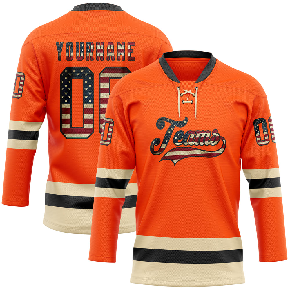 Custom Black Orange Front Logo Crossover Goalie Hockey Vintage Usa Flag Jersey, Customize A Hockey Jersey