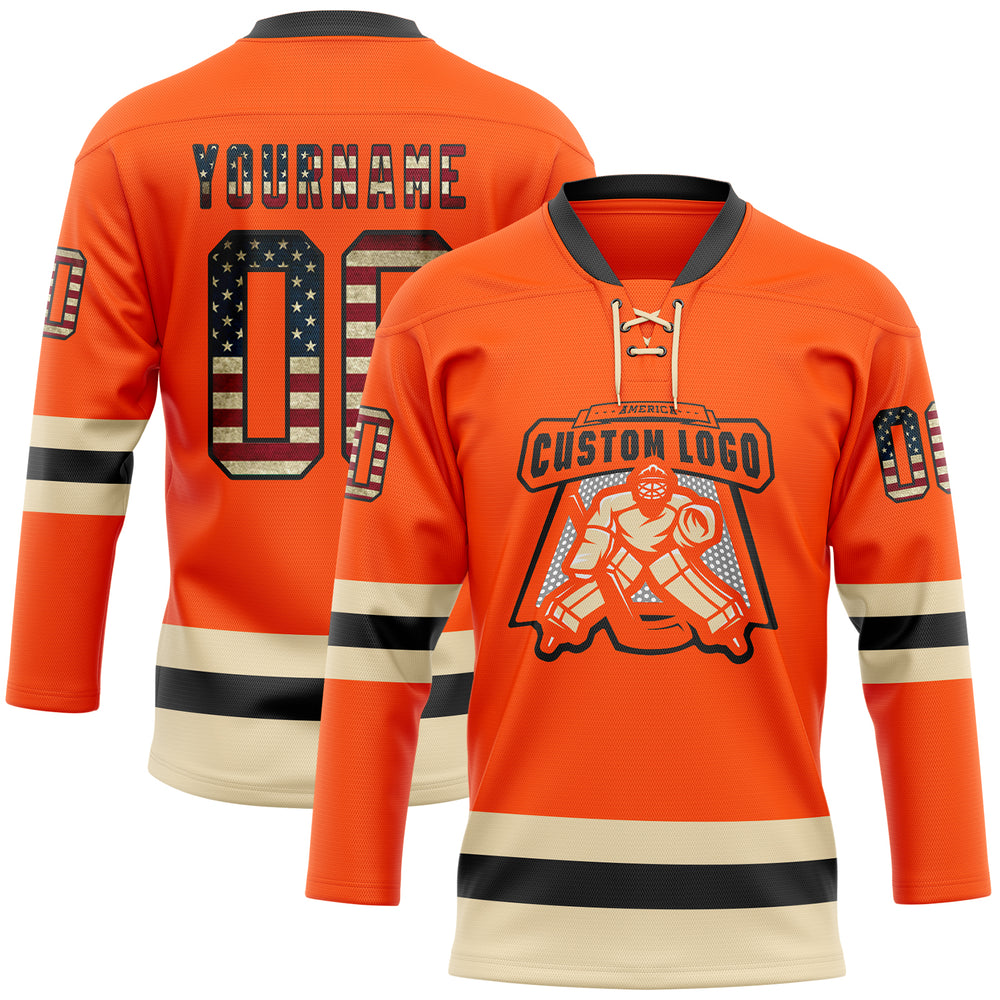 Custom Black Orange Front Logo Crossover Goalie Hockey Vintage Usa Flag Jersey, Customize A Hockey Jersey