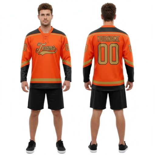 Custom Black Orange Hockey Old Gold Jersey, Best Custom Hockey Jerseys