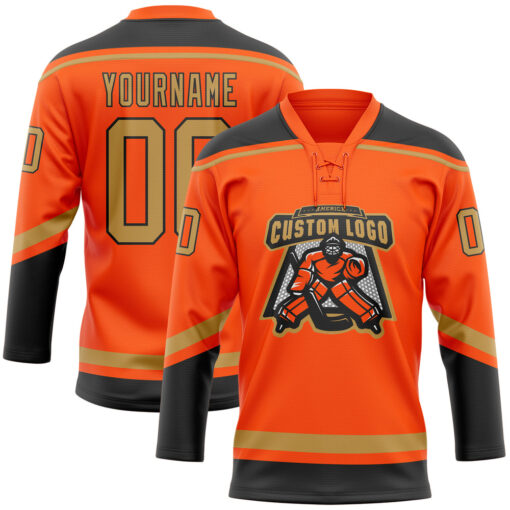 Custom Black Orange Hockey Old Gold Jersey, Best Custom Hockey Jerseys