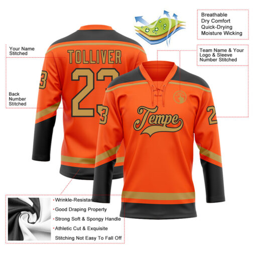 Custom Black Orange Hockey Old Gold Jersey, Best Custom Hockey Jerseys