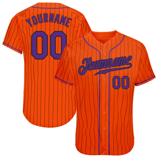Custom Black Orange Pinstripe Baseball Purple Jersey, Custom Baseball Team Uniforms