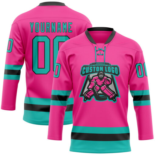 Custom Black Pink Front Logo Crossover Goalie Hockey Aqua Jersey, Hockey Jersey Design
