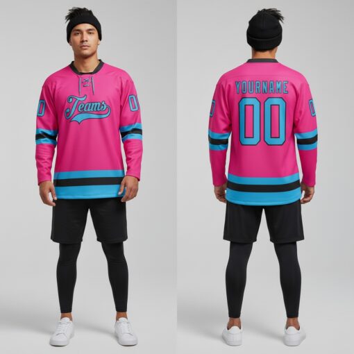 Custom Black Pink Front Logo Crossover Goalie Hockey Sky Blue Jersey, Design Your Own Hockey Jersey