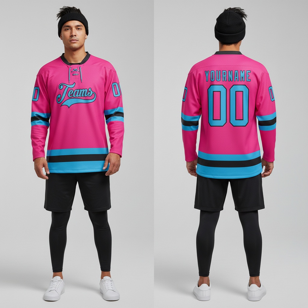 Custom Black Pink Front Logo Crossover Goalie Hockey Sky Blue Jersey, Design Your Own Hockey Jersey