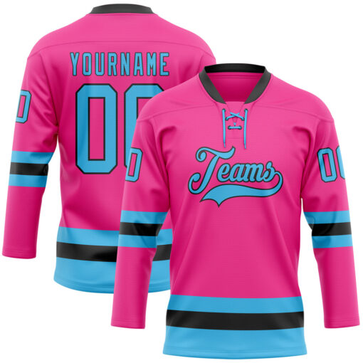Custom Black Pink Front Logo Crossover Goalie Hockey Sky Blue Jersey, Design Your Own Hockey Jersey