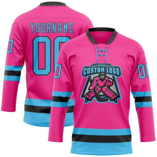 Custom Black Pink Front Logo Crossover Goalie Hockey Sky Blue Jersey, Design Your Own Hockey Jersey