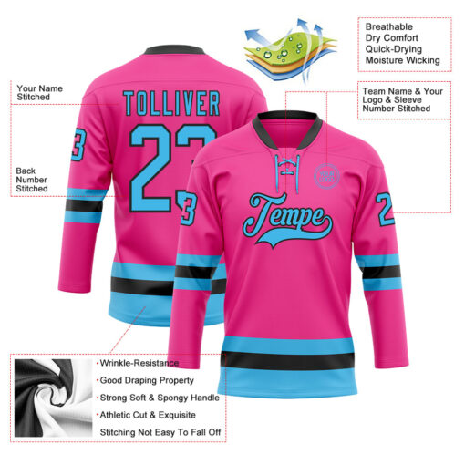 Custom Black Pink Front Logo Crossover Goalie Hockey Sky Blue Jersey, Design Your Own Hockey Jersey