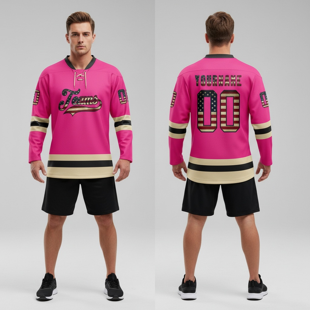 Custom Black Pink Front Logo Crossover Goalie Hockey Vintage Usa Flag Jersey, Design Hockey Jerseys