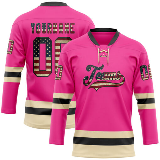 Custom Black Pink Front Logo Crossover Goalie Hockey Vintage Usa Flag Jersey, Design Hockey Jerseys