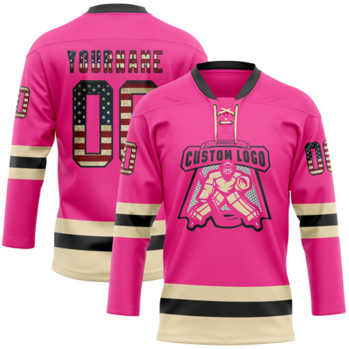 Custom Black Pink Front Logo Crossover Goalie Hockey Vintage Usa Flag Jersey, Design Hockey Jerseys