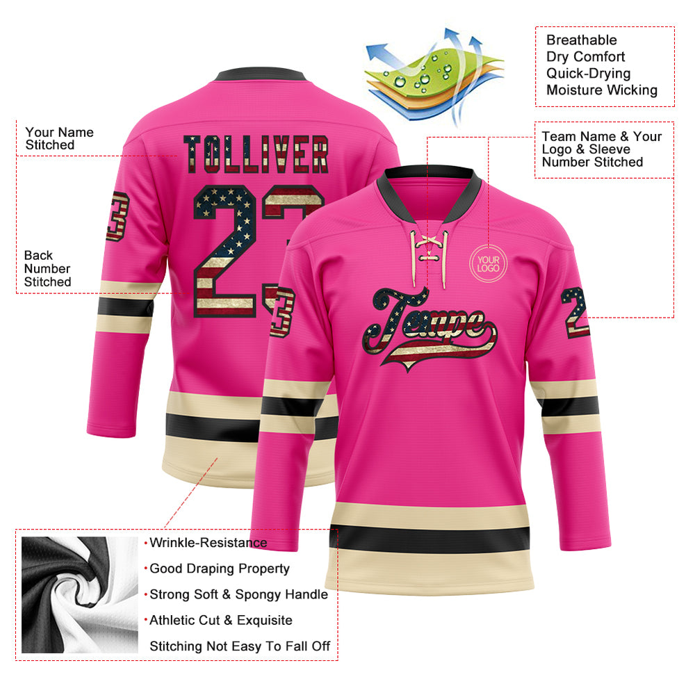 Custom Black Pink Front Logo Crossover Goalie Hockey Vintage Usa Flag Jersey, Design Hockey Jerseys