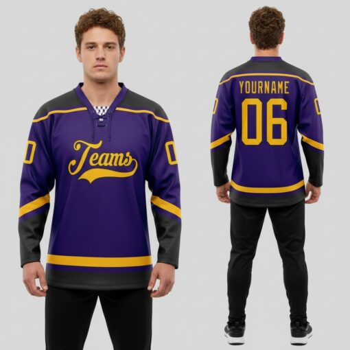 Custom Black Purple Hockey Gold Jersey, Custom Hockey Team Uniforms