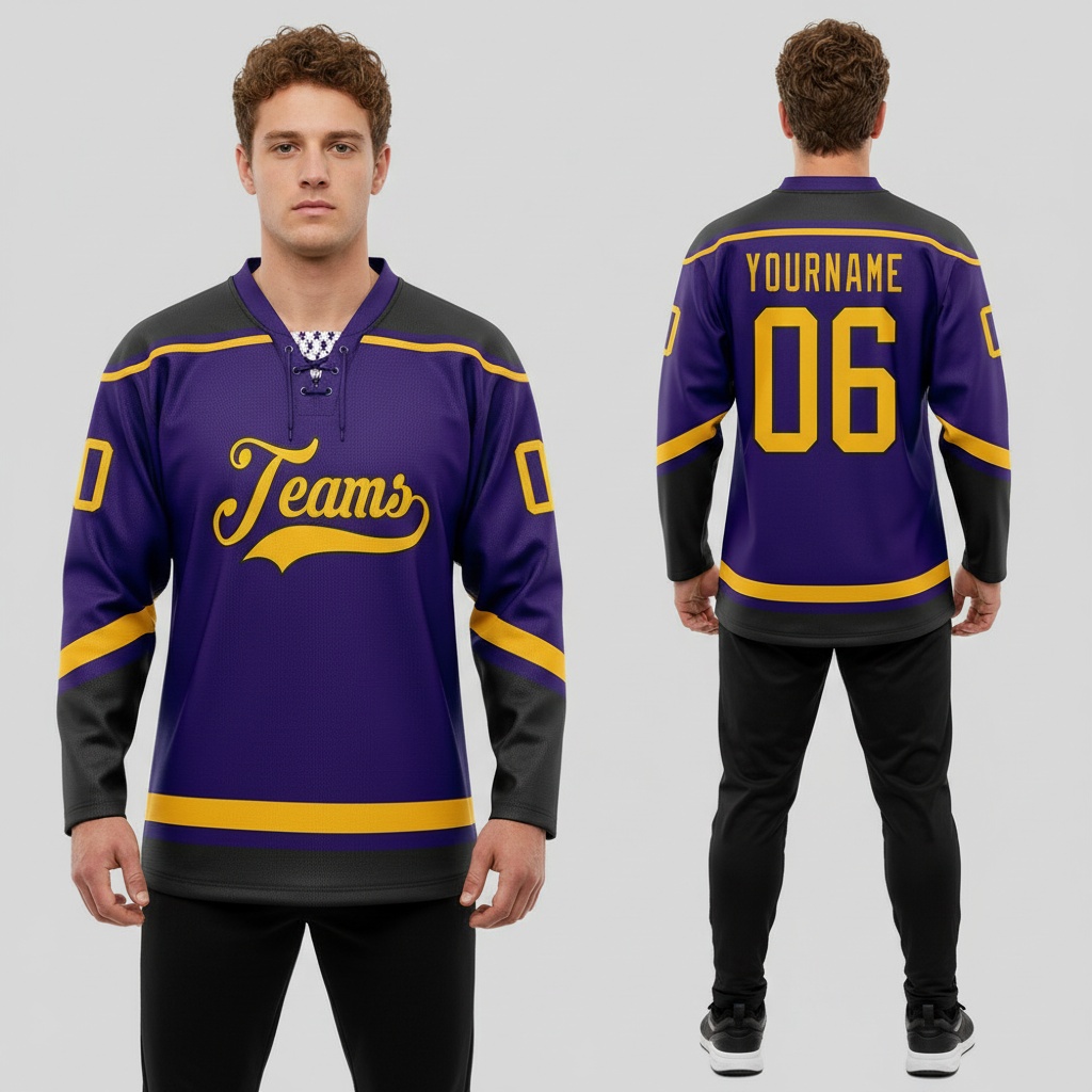 Custom Black Purple Hockey Gold Jersey, Custom Hockey Team Uniforms