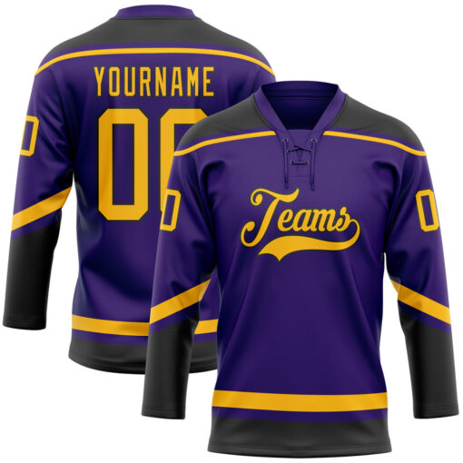 Custom Black Purple Hockey Gold Jersey, Custom Hockey Team Uniforms