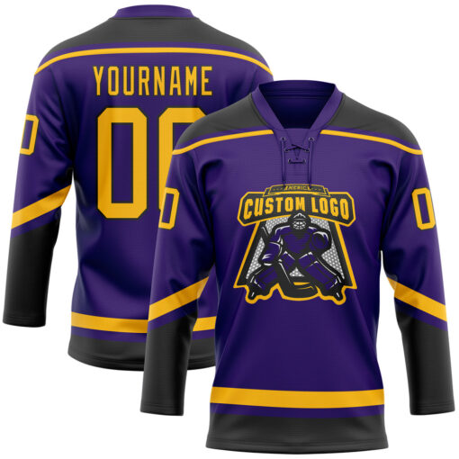 Custom Black Purple Hockey Gold Jersey, Custom Hockey Team Uniforms