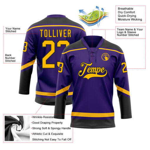 Custom Black Purple Hockey Gold Jersey, Custom Hockey Team Uniforms