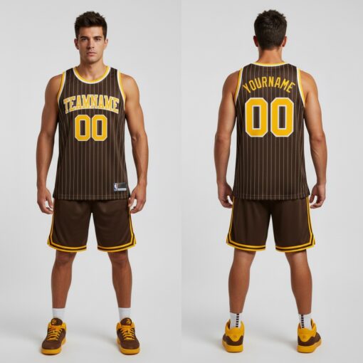 Custom Brown Pinstripe Basketball Gold Jersey, Design Basketball Uniforms
