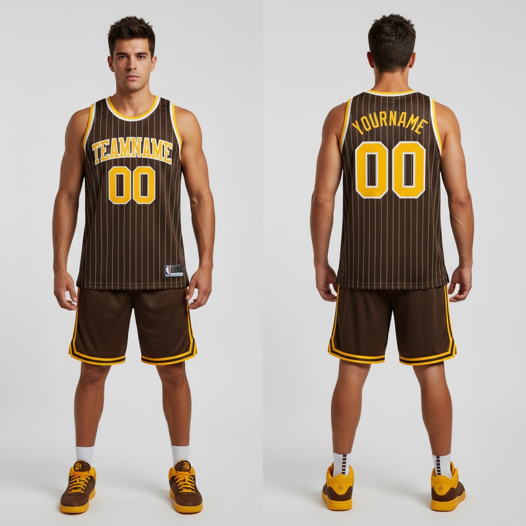 Custom Brown Pinstripe Basketball Gold Jersey, Design Basketball Uniforms