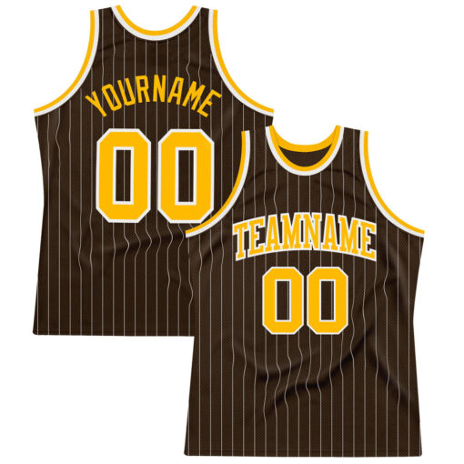 Custom Brown Pinstripe Basketball Gold Jersey, Design Basketball Uniforms