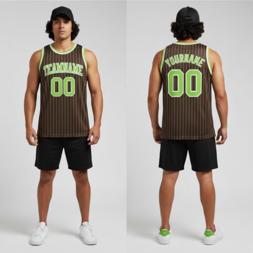 Custom Brown Pinstripe Basketball Neon Green Jersey, Personalized Basketball Jersey