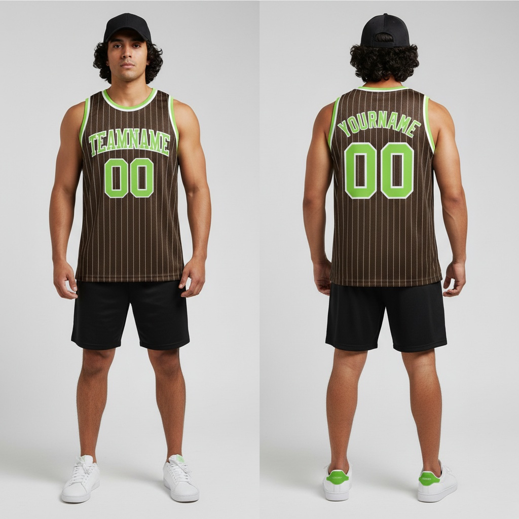 Custom Brown Pinstripe Basketball Neon Green Jersey, Personalized Basketball Jersey
