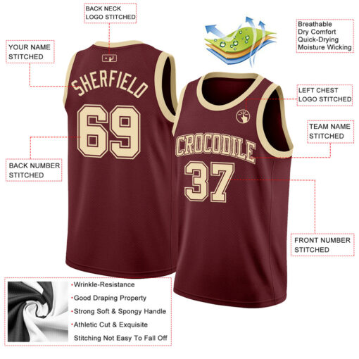 Custom Burgundy Basketball Cream Jersey, Custom Basketball Jersey