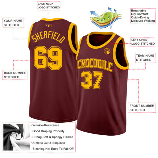 Custom Burgundy Basketball Gold Jersey, Customized Basketball Jerseys